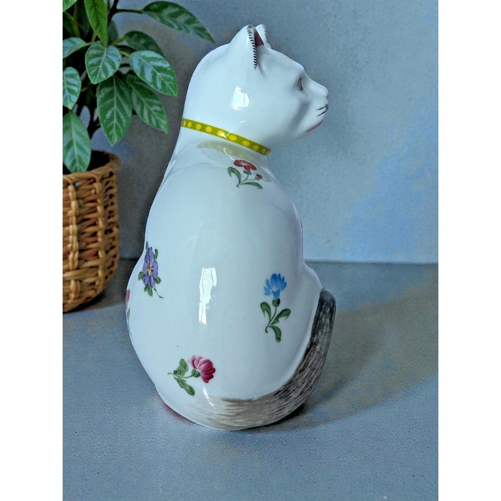 Vintage White Floral Cat Figure Porcelain Bow Chubby Hand painted Home Deco - Picture 13 of 14
